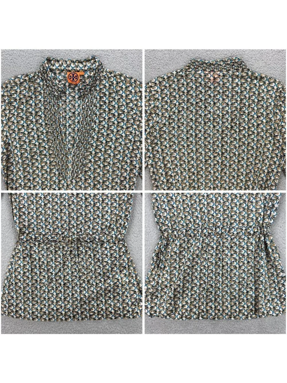 Tory Burch Top Womens 6 Beige Tunic Elephant Print Long Sleeve Blouse Shirt